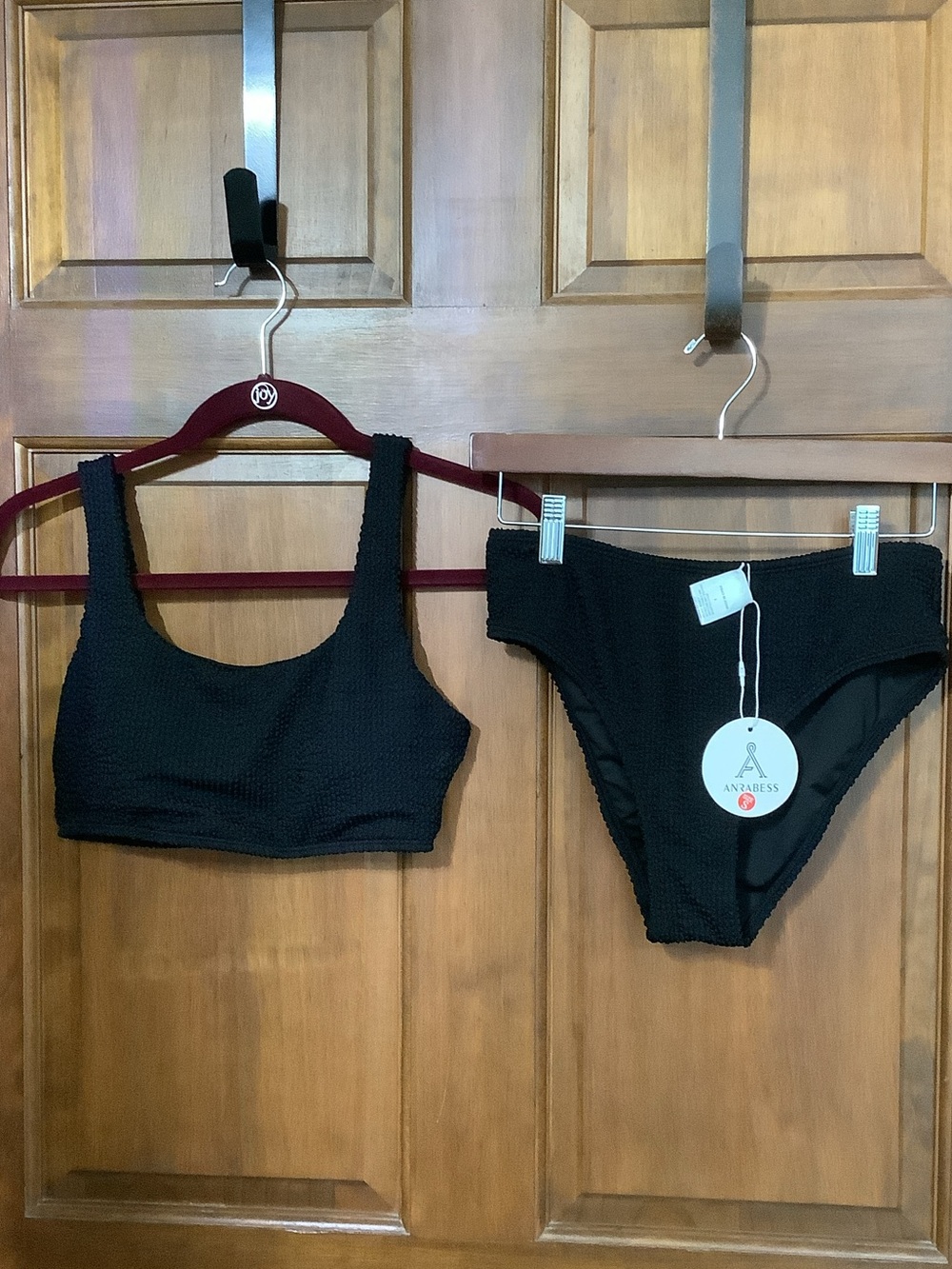 Anazbess Black Textured Scoop Bikini Set